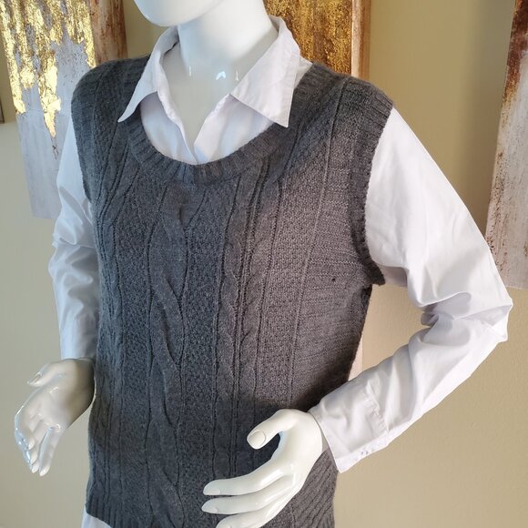 Faded Glory Gray Plus Twofer Sweater with Built-In Collared Shirt SZ L (12-14) - Picture 7 of 8